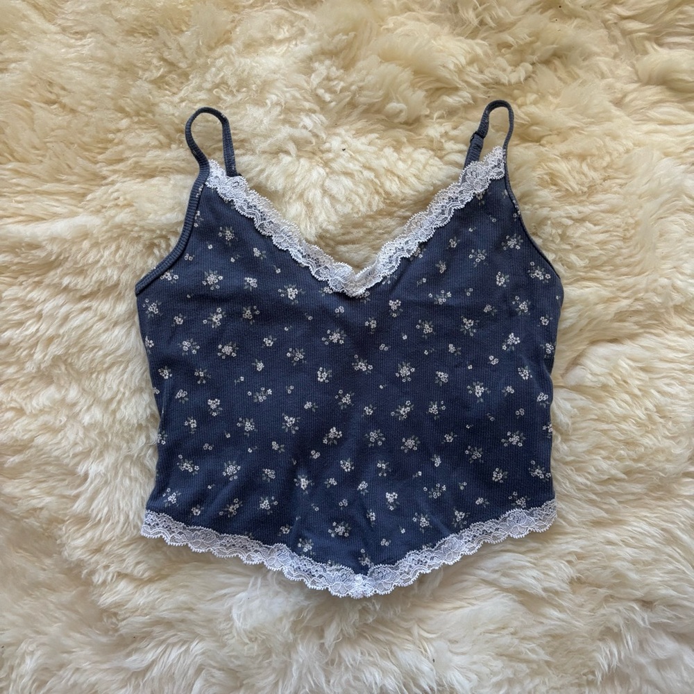 Hollister Indigo V-Neck Camisole with Mini White Floral and Lace Trim